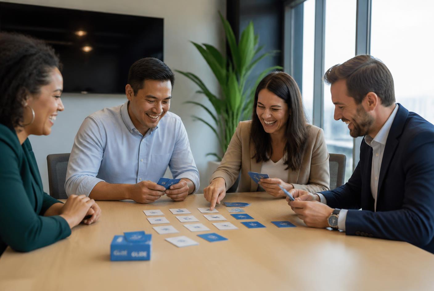 Marketing- en salescollega's spelen het B2B AI Kaartspel aan een tafel