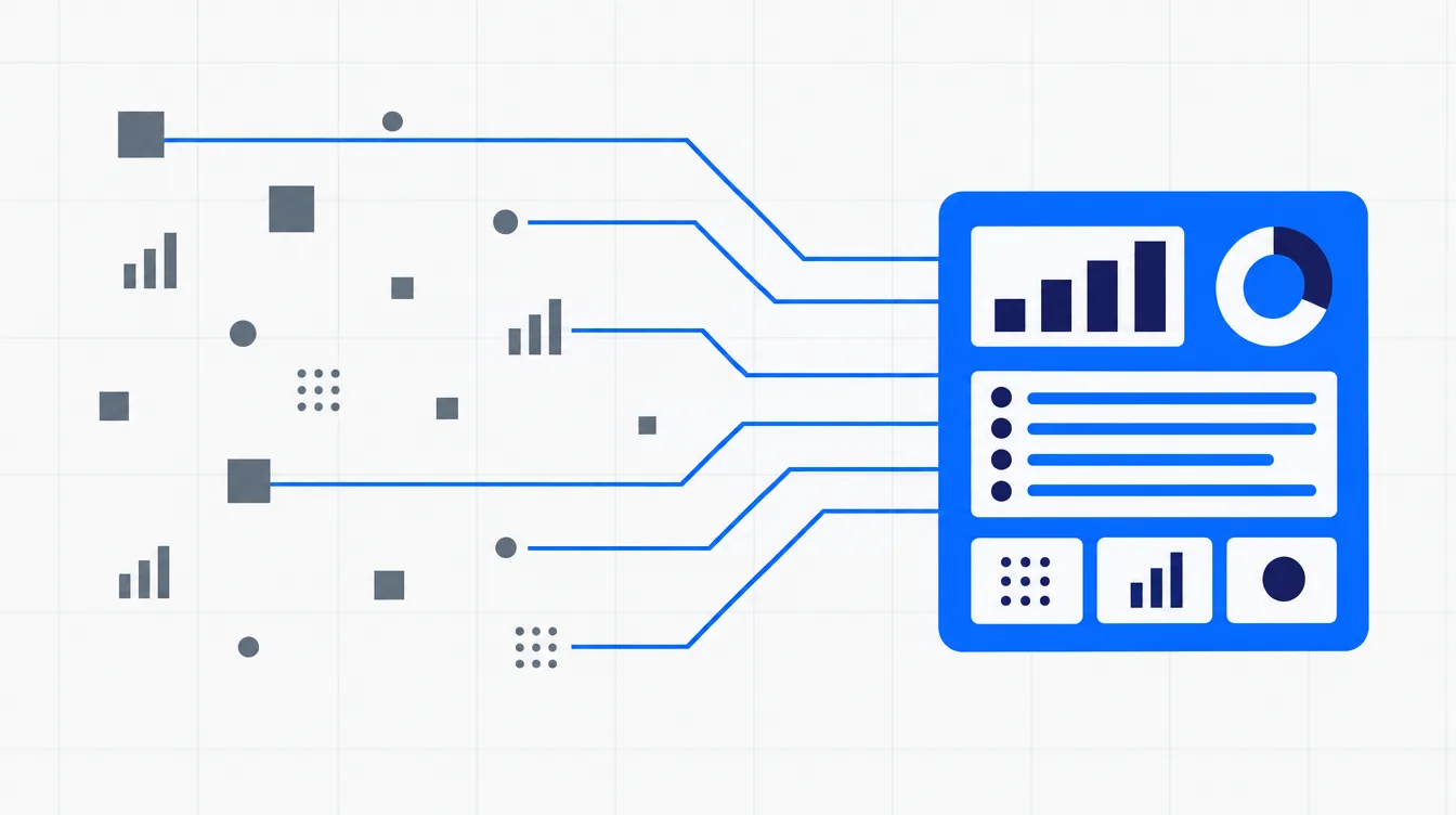 Losse datapunten die via lijnen samenkomen in één dashboard